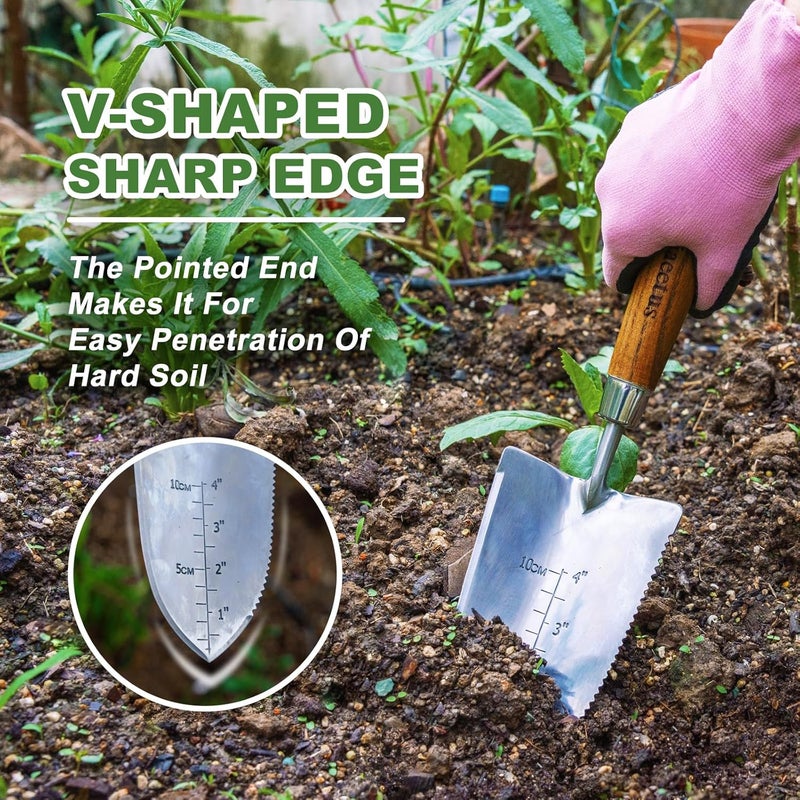 Haliaeetus Garden Trowel with Serrated Edge, 4'' Depth Marks Planting Shovel, V-Shaped Sharp Edge Garden Tool, Stainless Steel with Comfortable Wood Handle for Planting and Weeding - Image 5